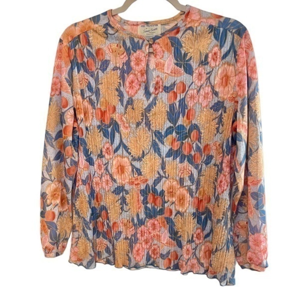 Sunny South Fashions Dallas Vintage 100% Polyester Micro Pleat Floral Blouse Top